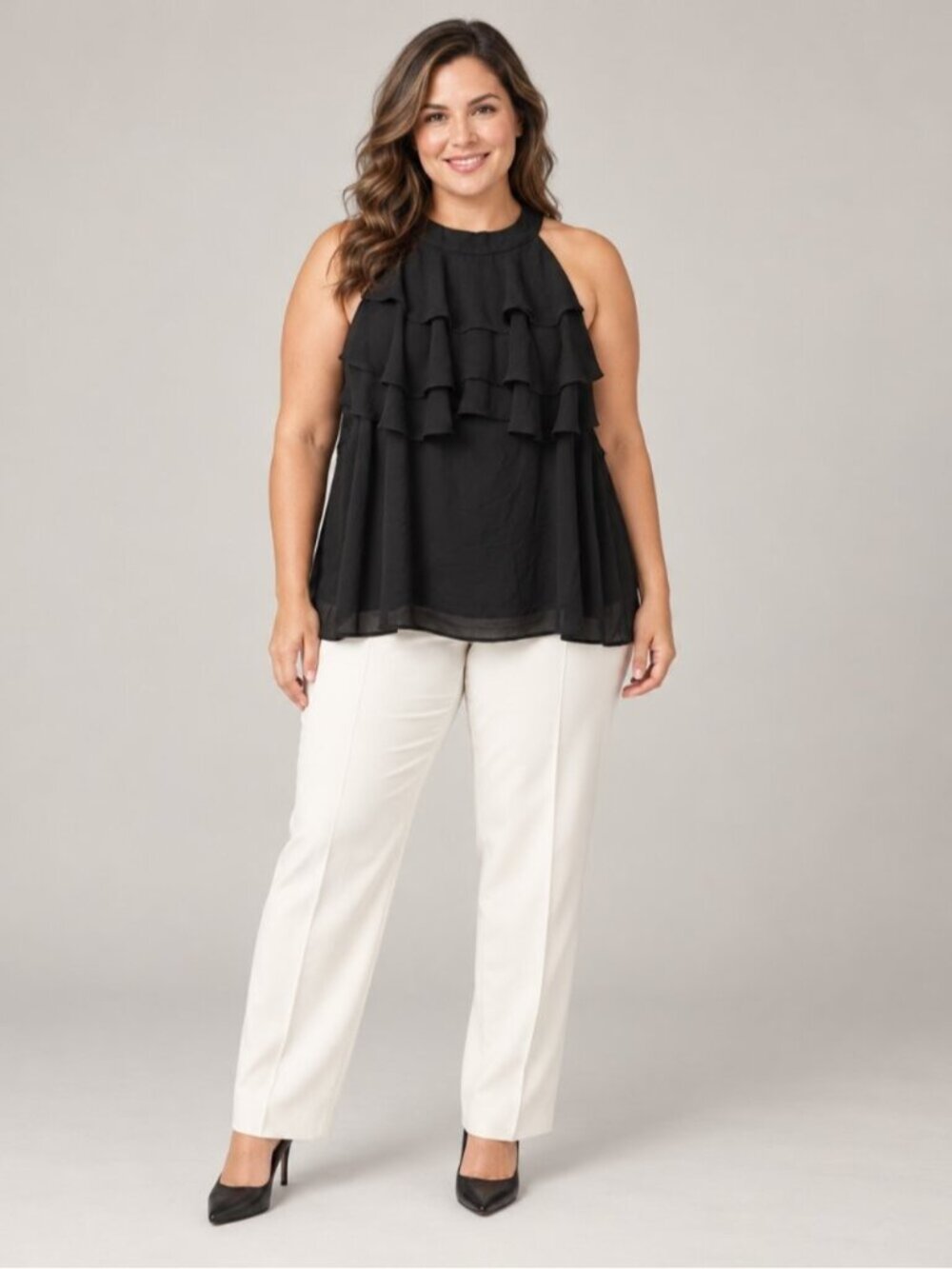 Joseph Ribkoff Black Sleeveless Ruffle Blouse Size 16 0856